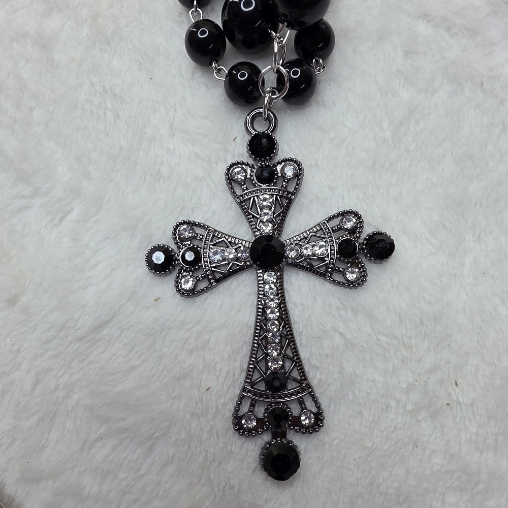 Black Beaded Necklace with Cross Pendant - Picture 3 of 6